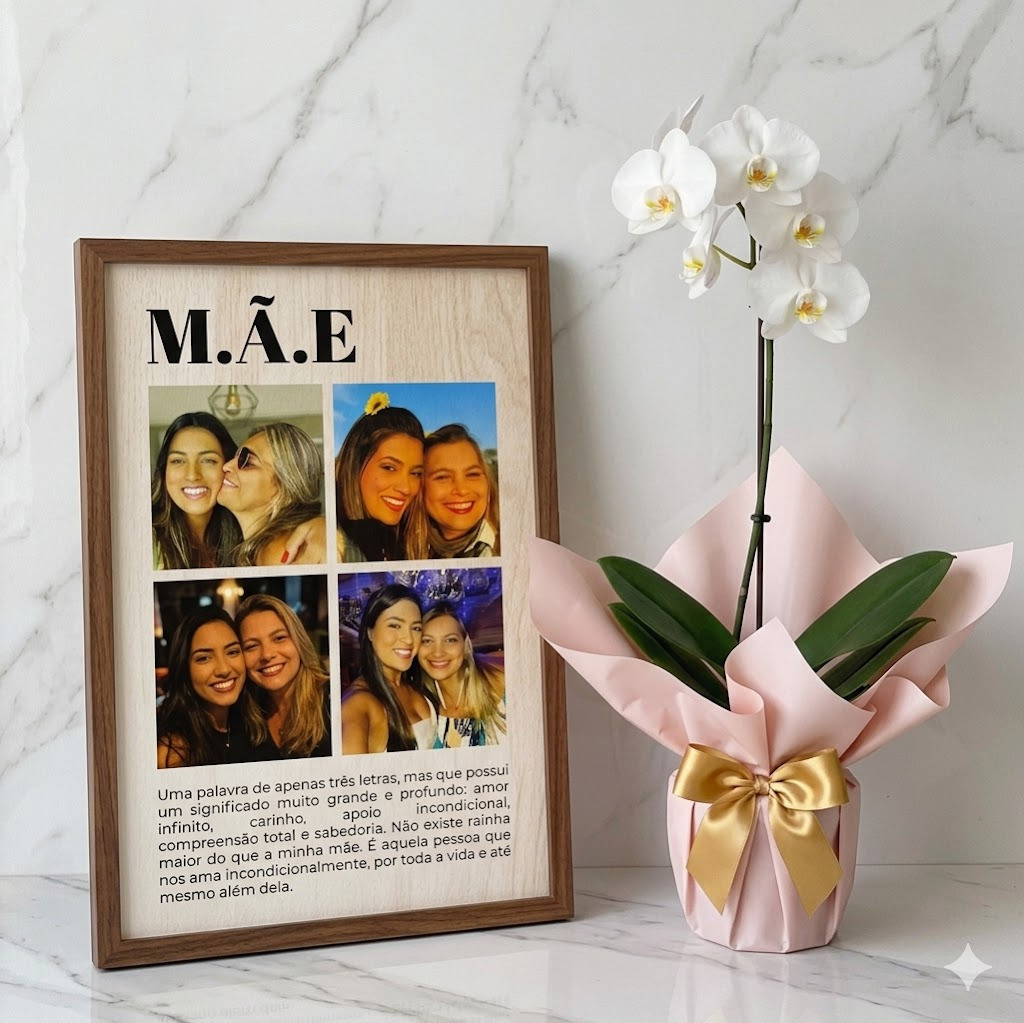 Quadro M.Ã.E — 4 Fotos + Frase Personalizada